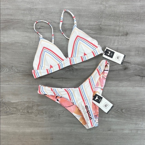 ☀️RIP CURL☀️ BLOSSOM STRIPE TRI TOP BLOSSOM HI LEG REVERSIBLE BIKINI SET - Picture 5 of 16